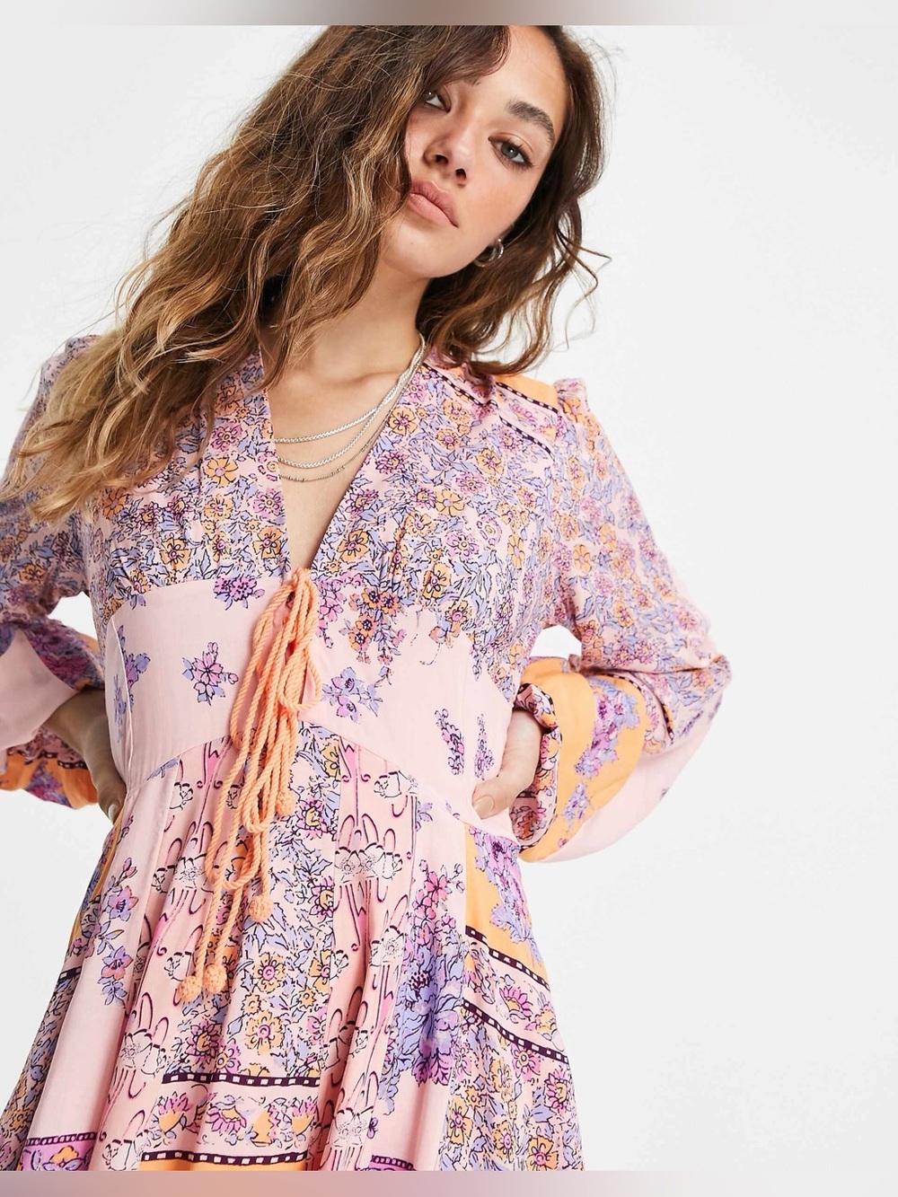 Free People Mixin It Up Mini Dress in Peach Combo - NWT - Picture 4 of 11